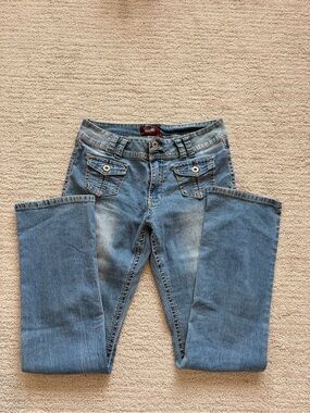 Angels Light Blue Low Rise Flare Jeans with Button Flap Pockets